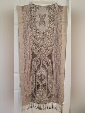 Neutral Paisley slight Gold shimmer Fringe Scarf Shawl
